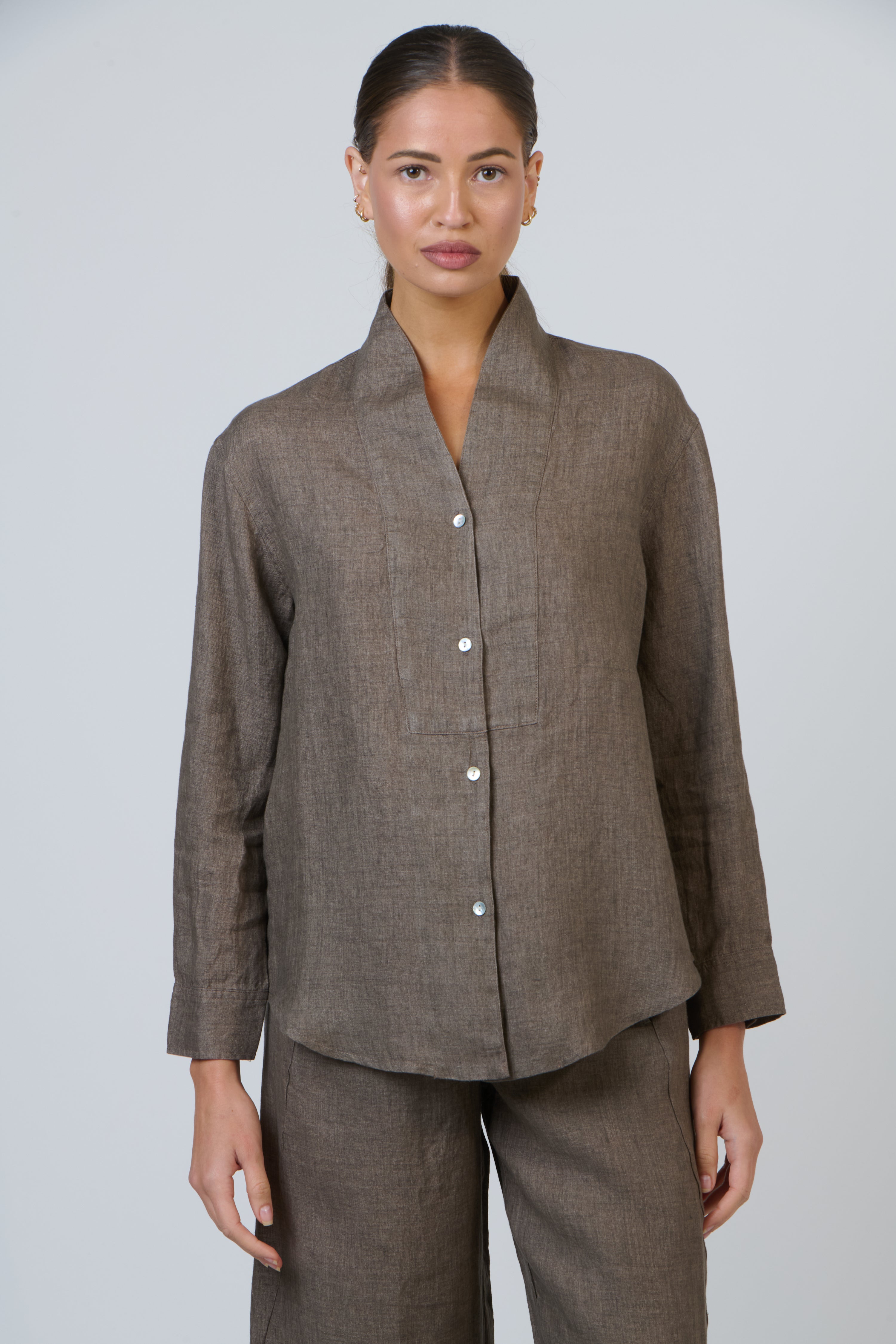 Naturals | Button Through V Neck Shirt | Cigar