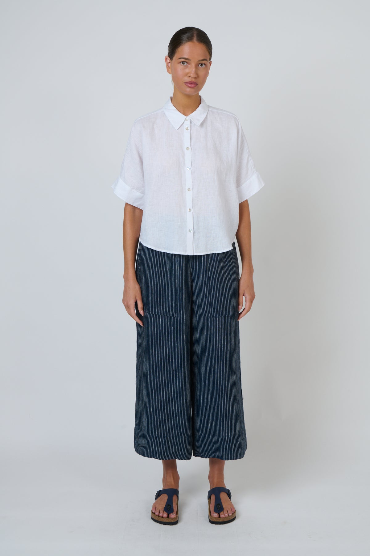 Naturals | Linen Button Through Top with Collar | White