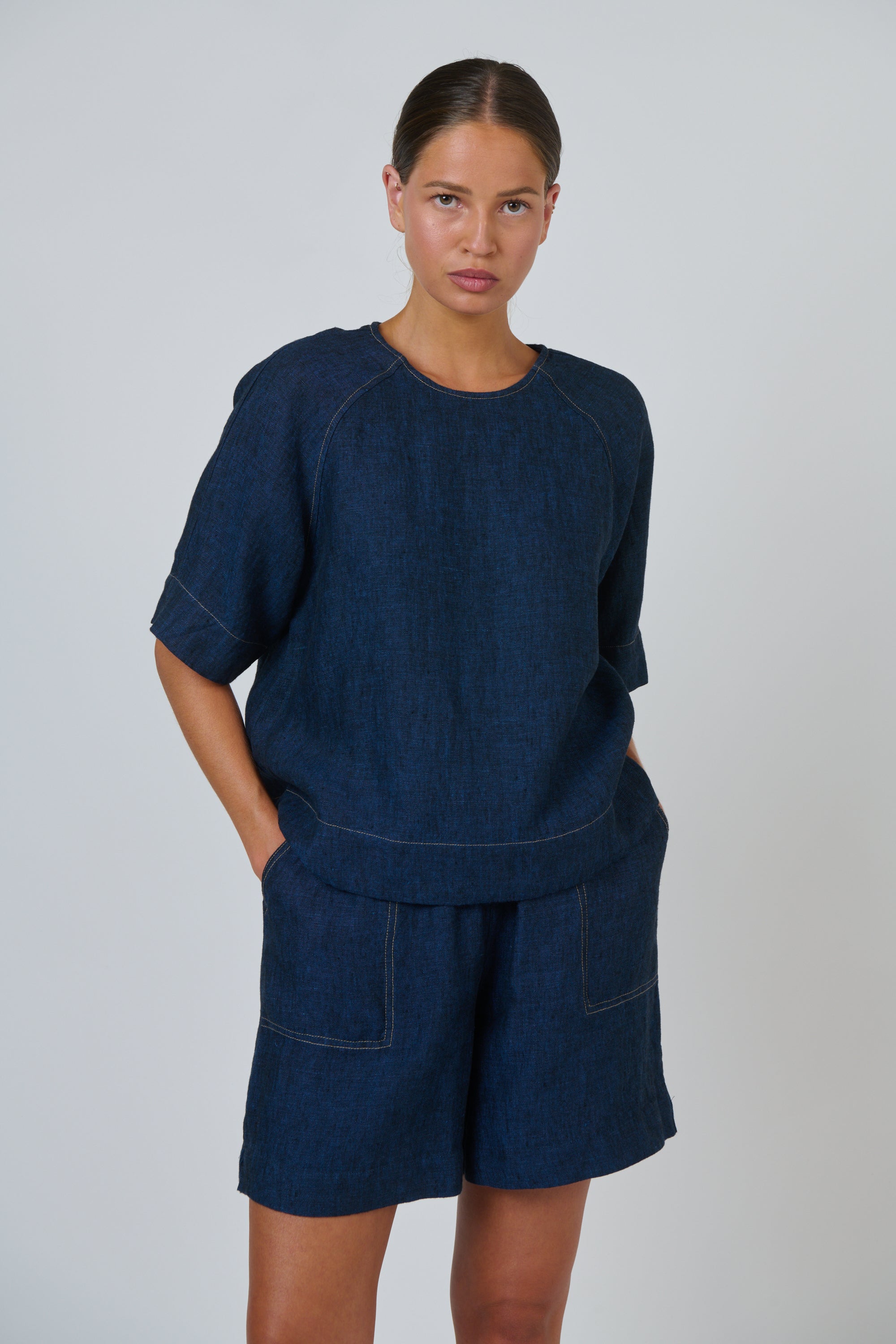 Naturals | Linen Top with Contrast Stitching | Eclipse