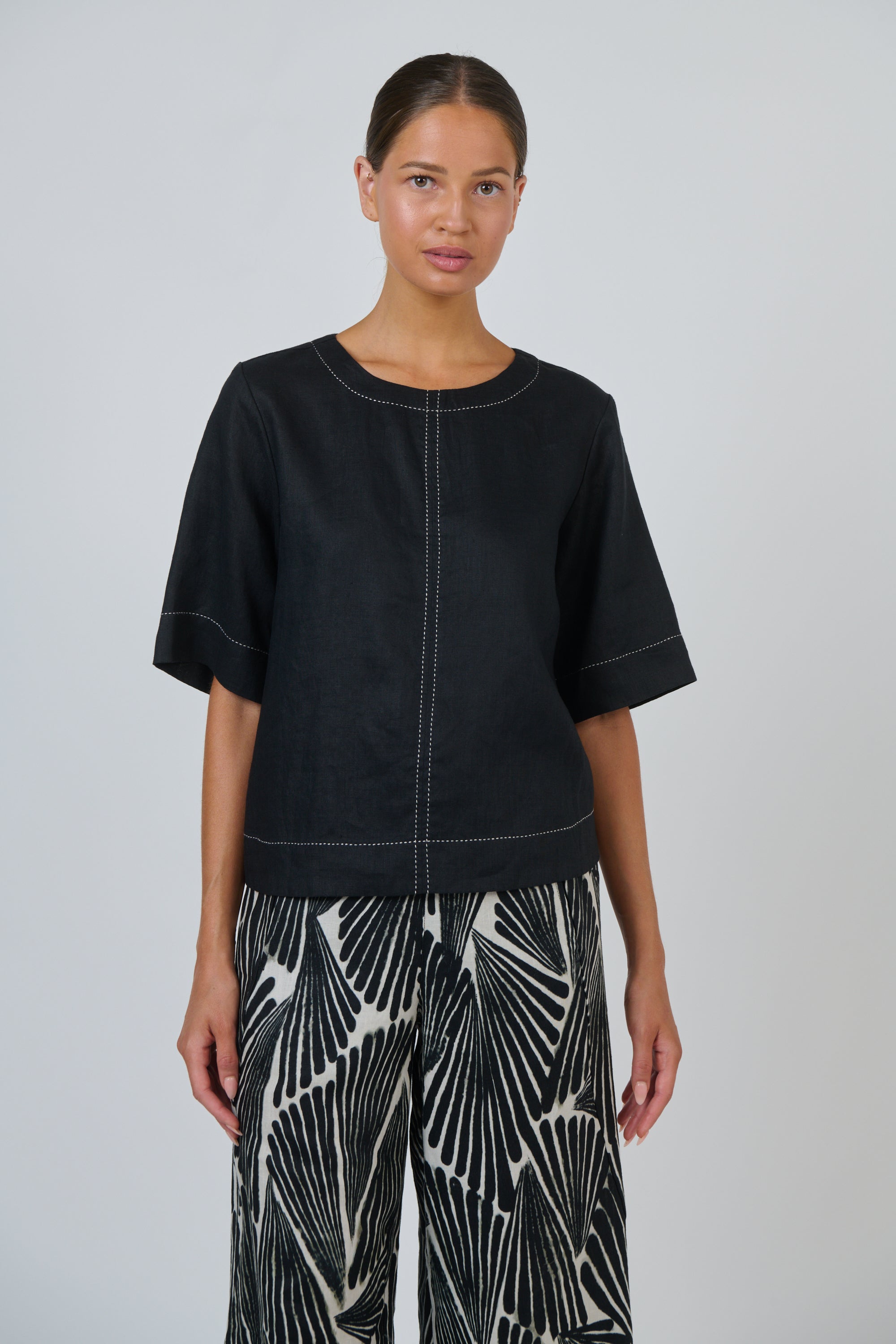 Naturals | Linen Top Contrasting Stitching | Black