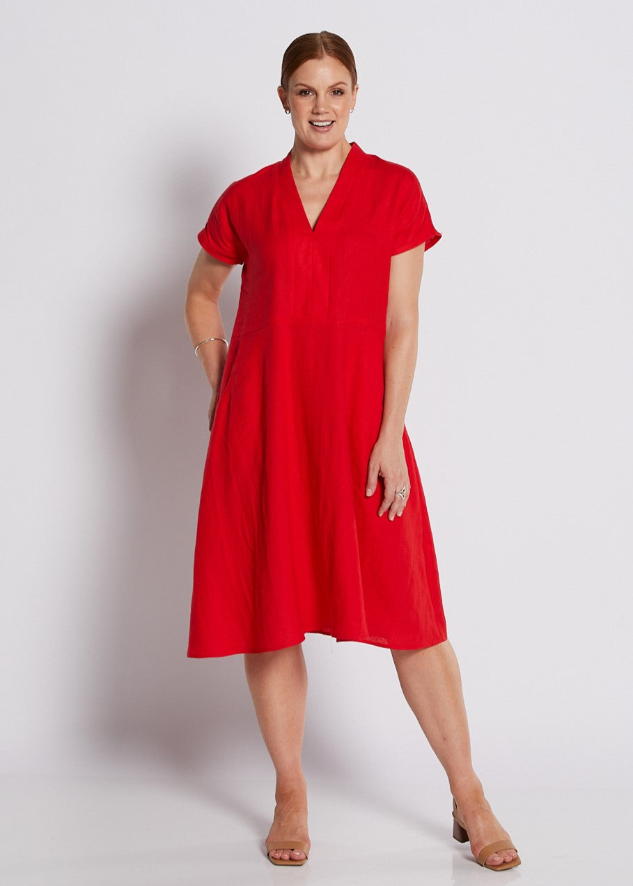 Philosophy | Blanco Short Sleeve V-Neck Dress | Red