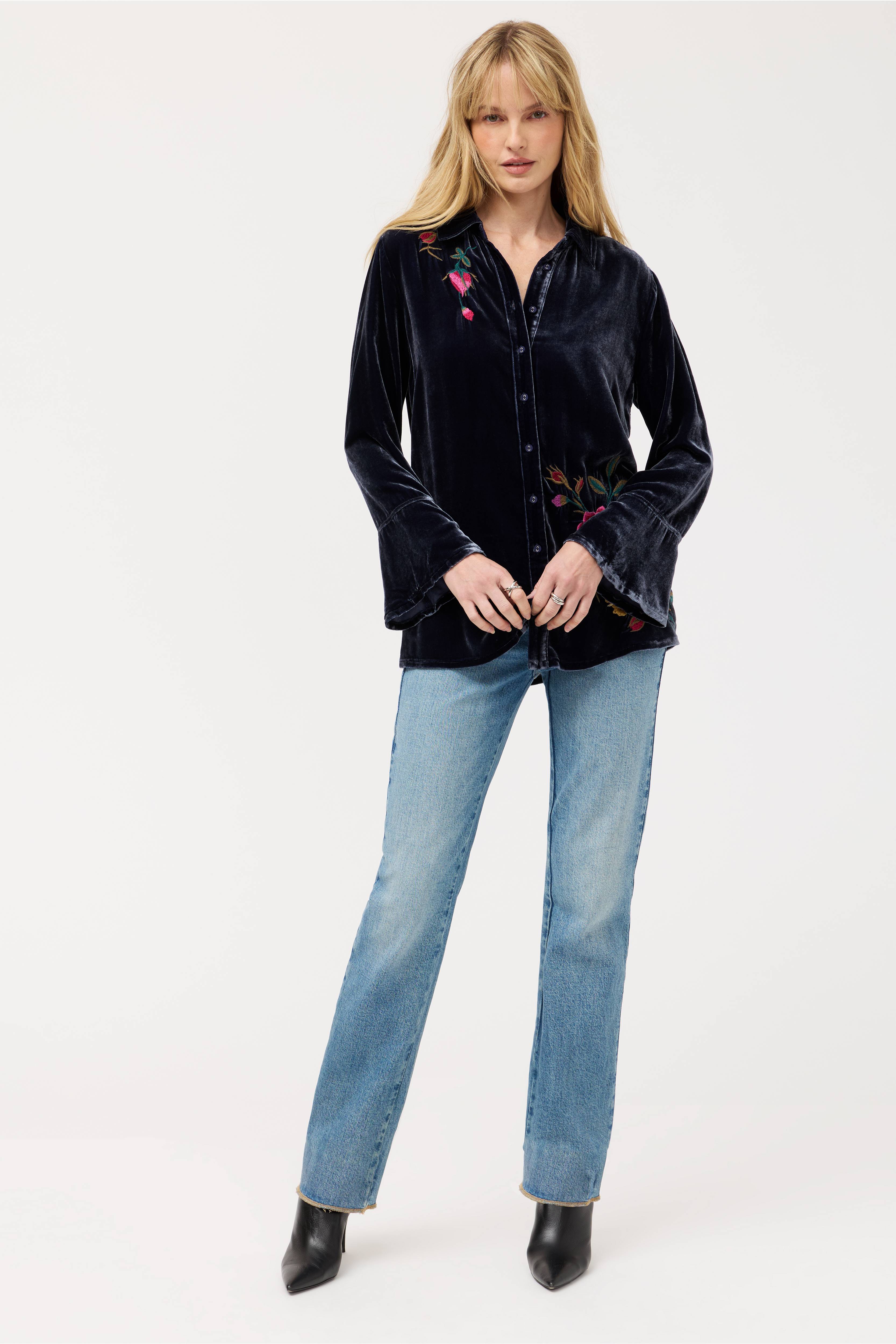Johnny Was | Rosilia Flounce Sleeve Velvet Shirt | Sapphire Blue