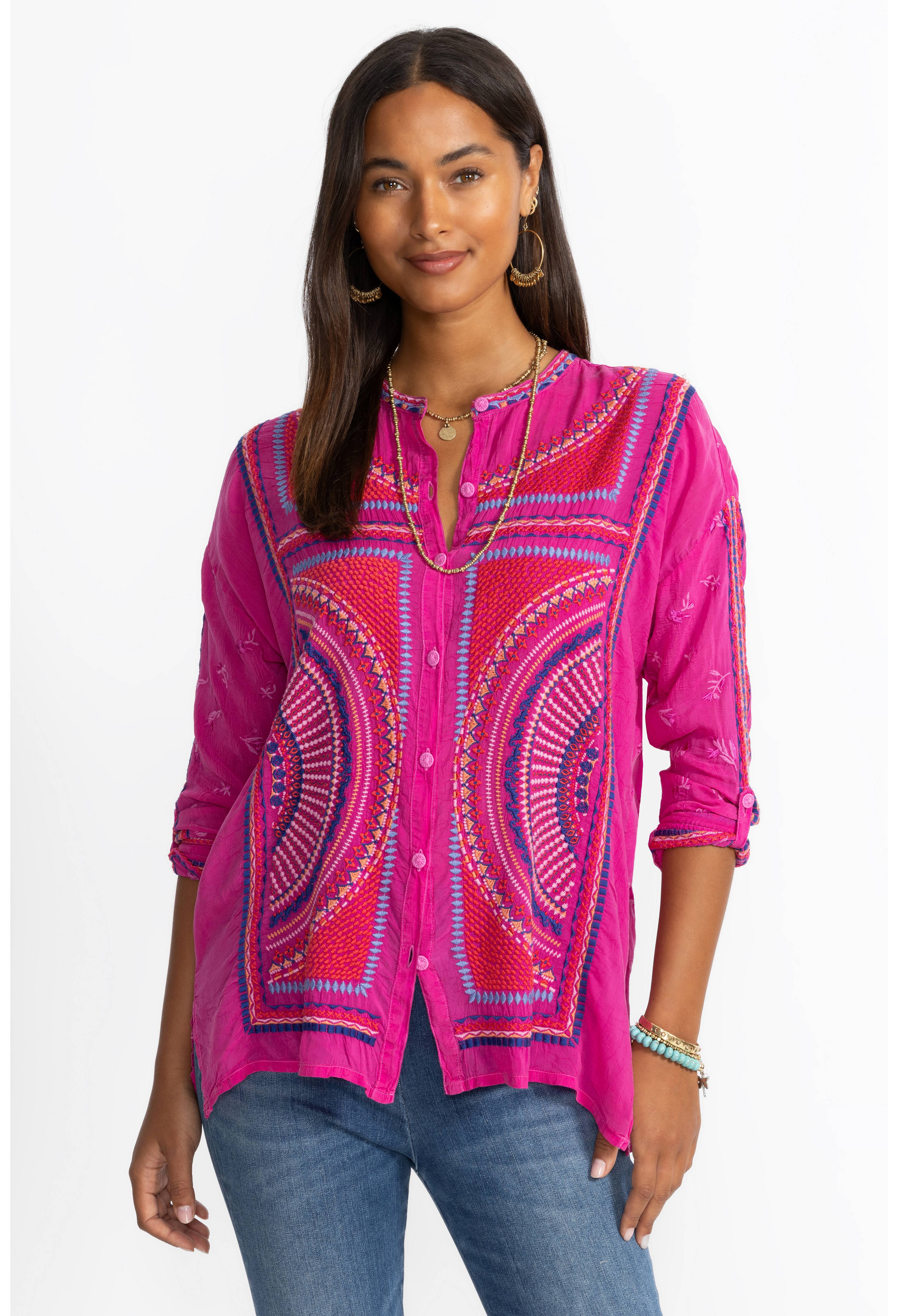 Johnny Was | The Audrey Mandarin Collar Shirt | Fuchsia Fedora