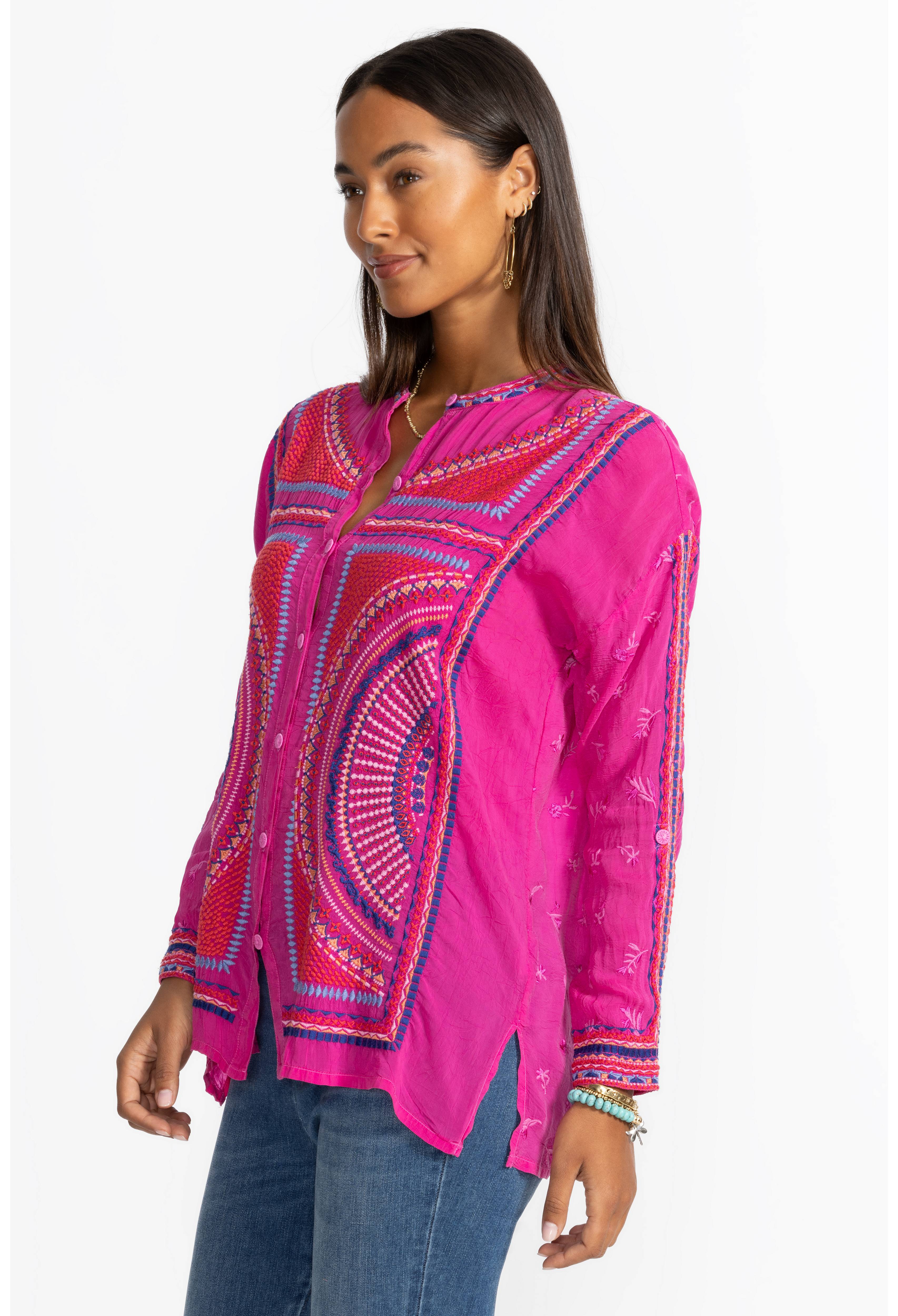 Johnny Was | The Audrey Mandarin Collar Shirt | Fuchsia Fedora