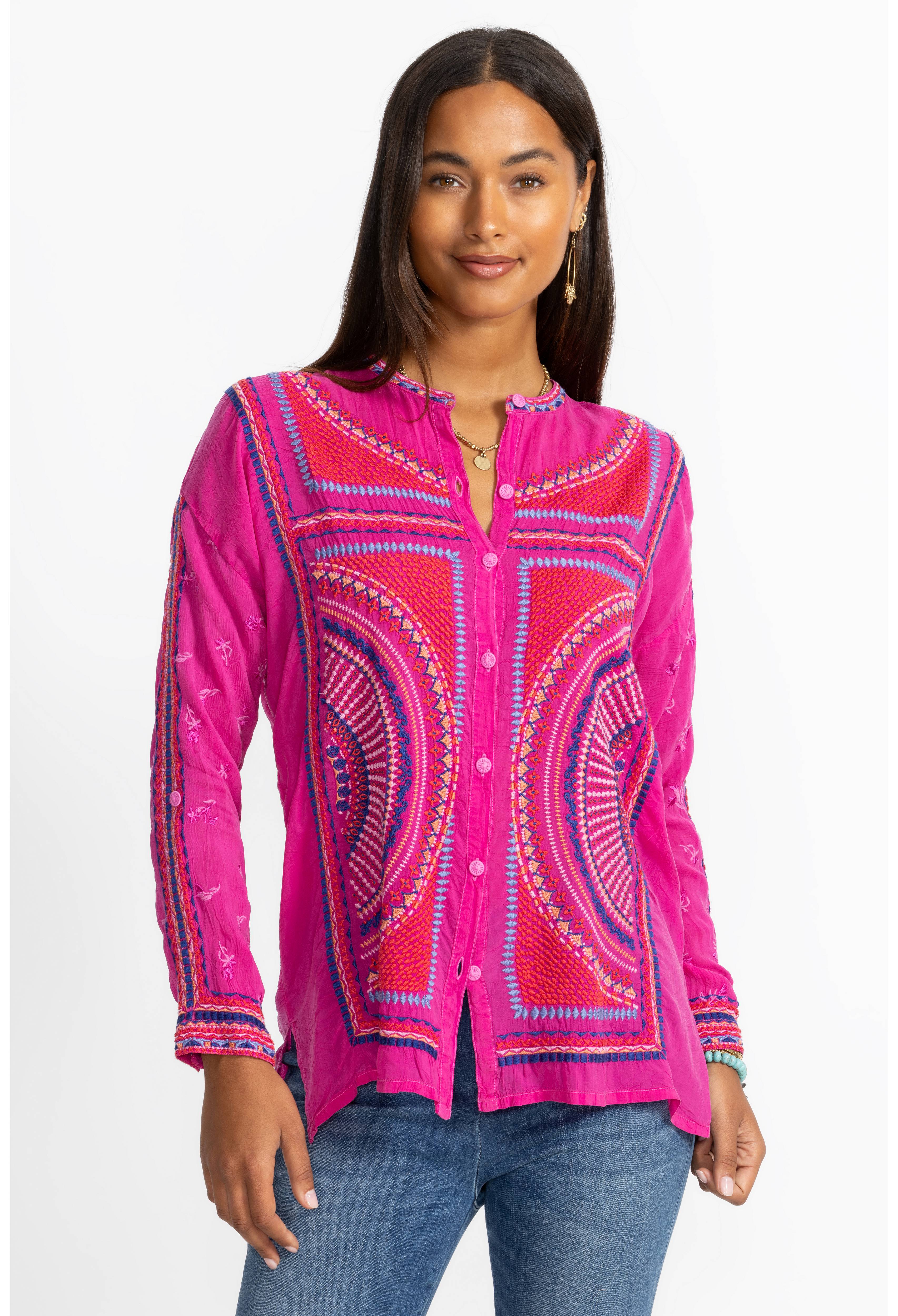 Johnny Was | The Audrey Mandarin Collar Shirt | Fuchsia Fedora