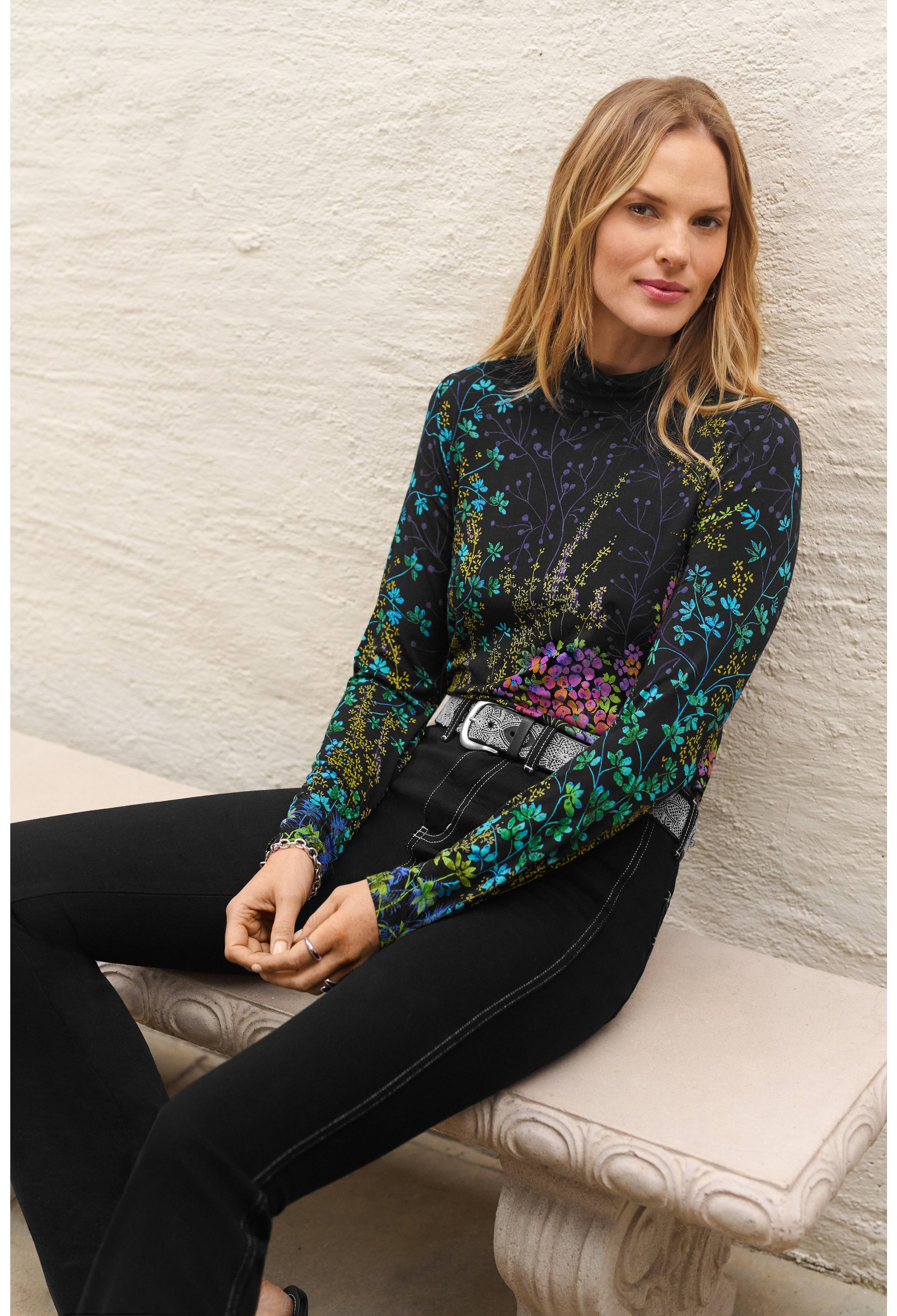 Johnny Was | The Janie Favourite Button Back Mock Neck Top | Magic Garden