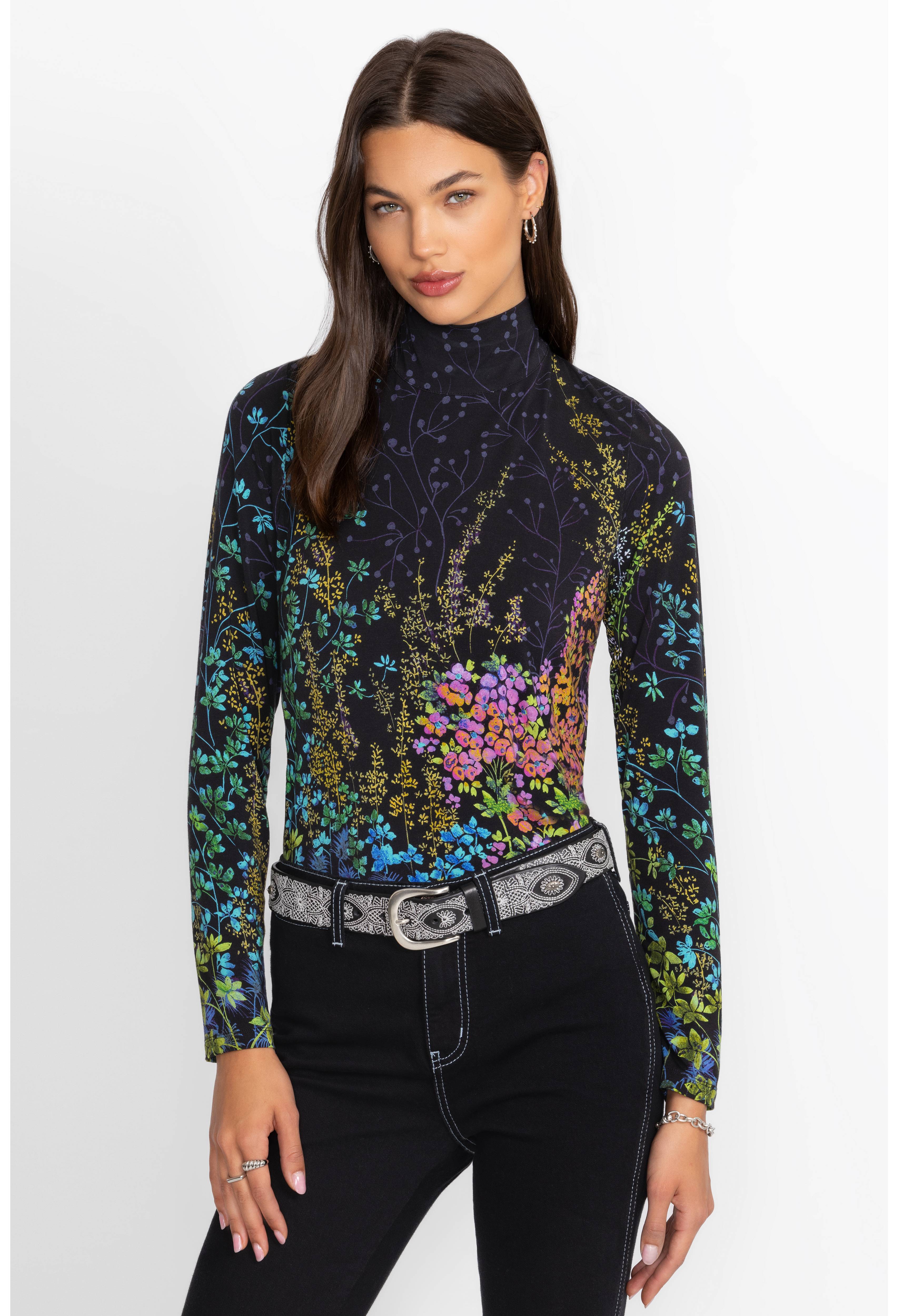 Johnny Was | The Janie Favourite Button Back Mock Neck Top | Magic Garden