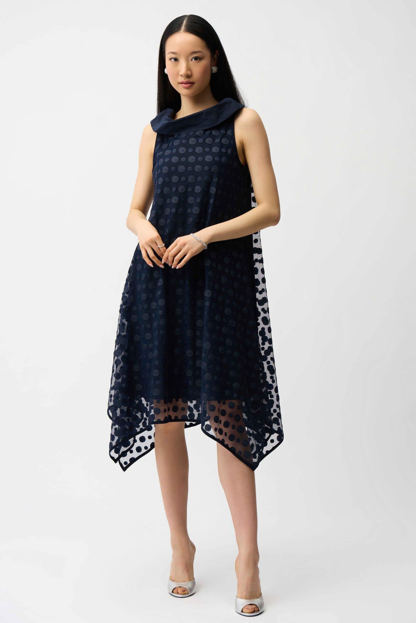 Joseph Ribkoff | Dot Embroidered Mesh Handkerchief Dress | Midnight Blue