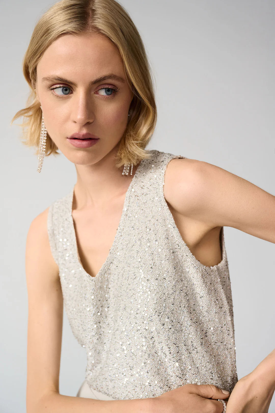 Joseph Ribkoff | Sequins Yarn V Neck Cami | Moonstone/Silver Sequins