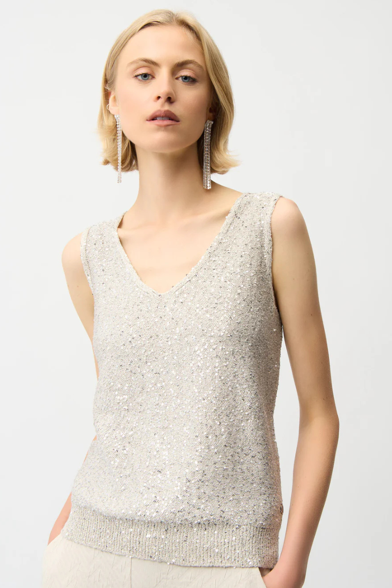 Joseph Ribkoff | Sequins Yarn V Neck Cami | Moonstone/Silver Sequins