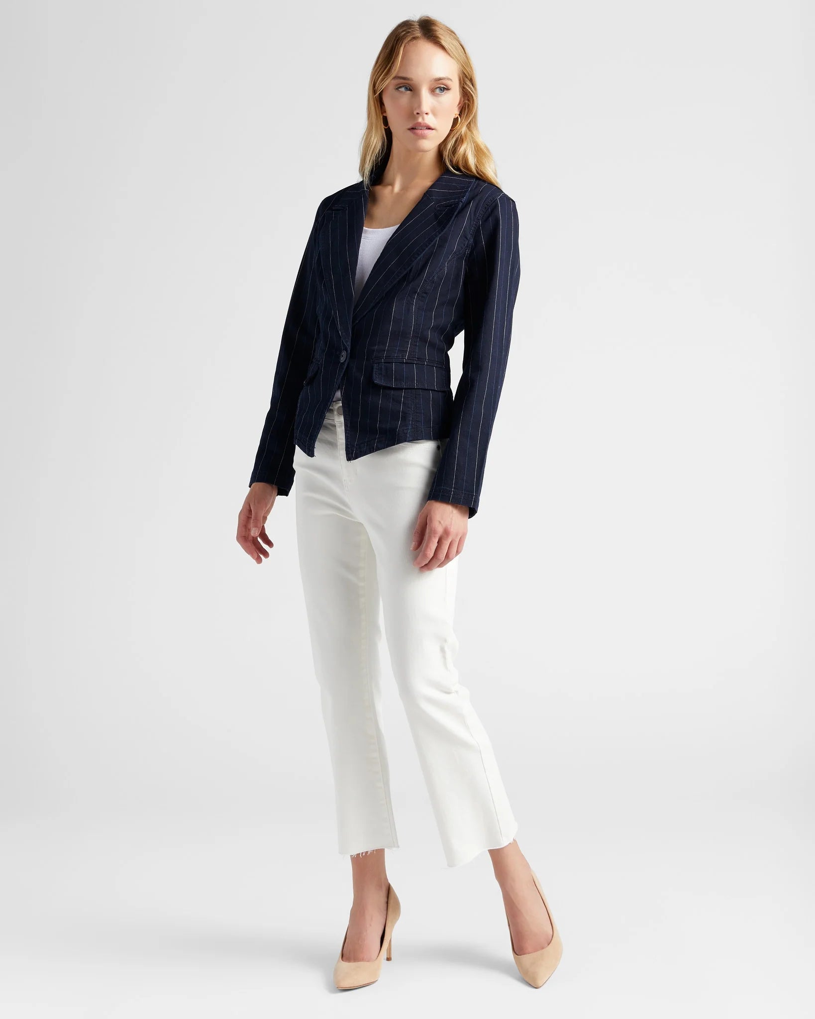 Liverpool Jeans | Notch Collar One Button Blazer | Lapis Indigo Stripe