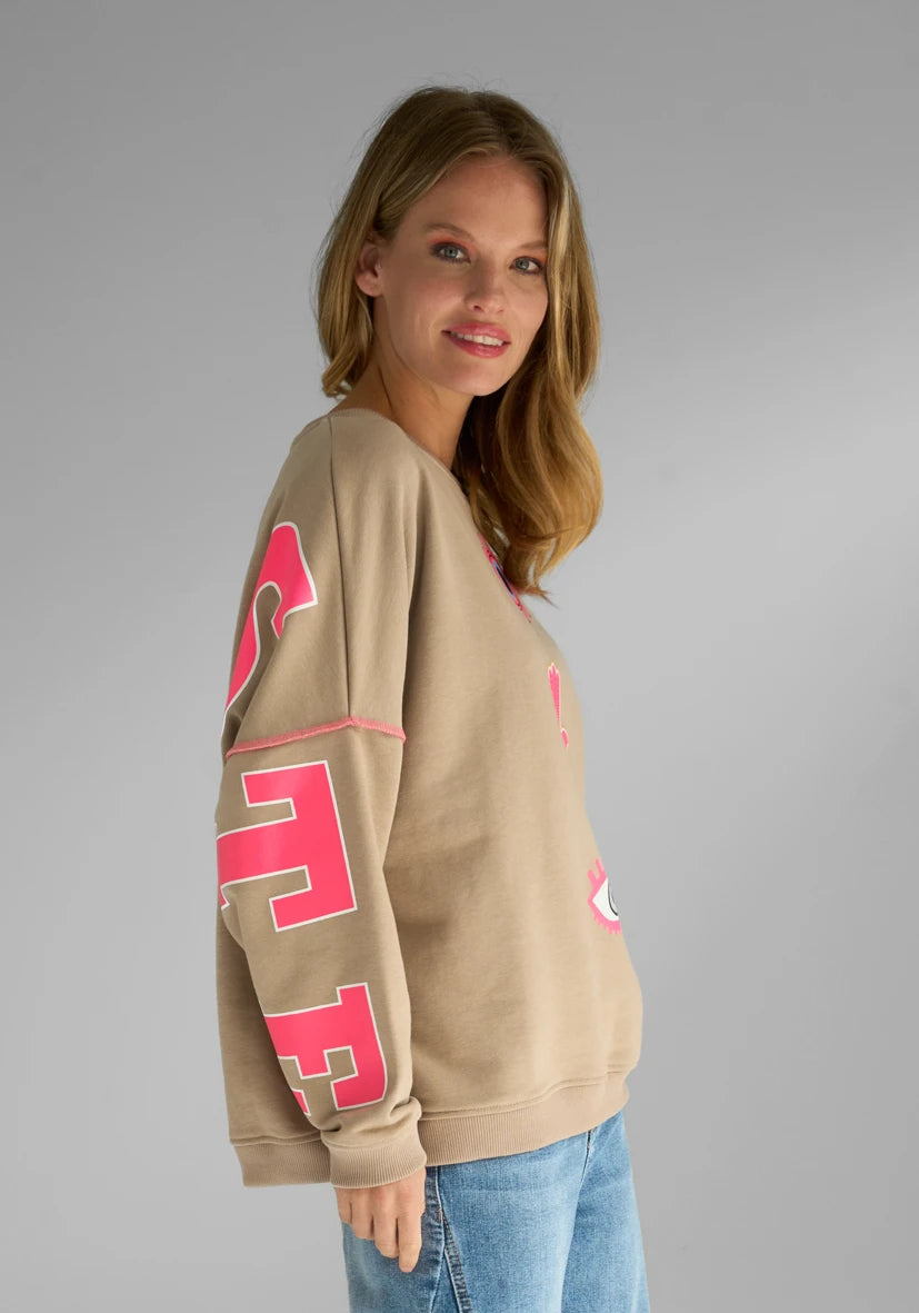 Miss Goodlife | Round Neck Namastai Sweater | Sand/Neon Pink