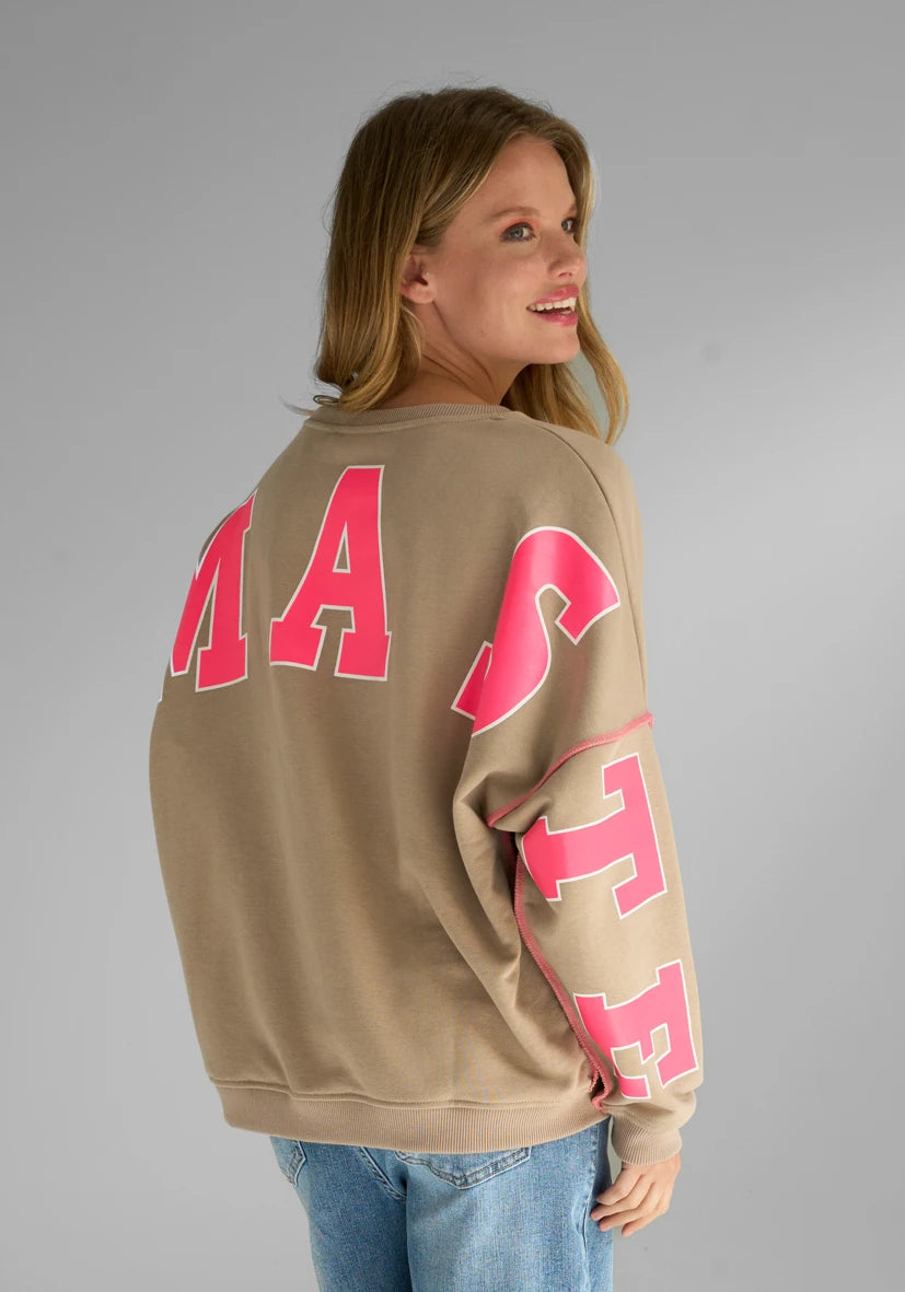 Miss Goodlife | Round Neck Namastai Sweater | Sand/Neon Pink