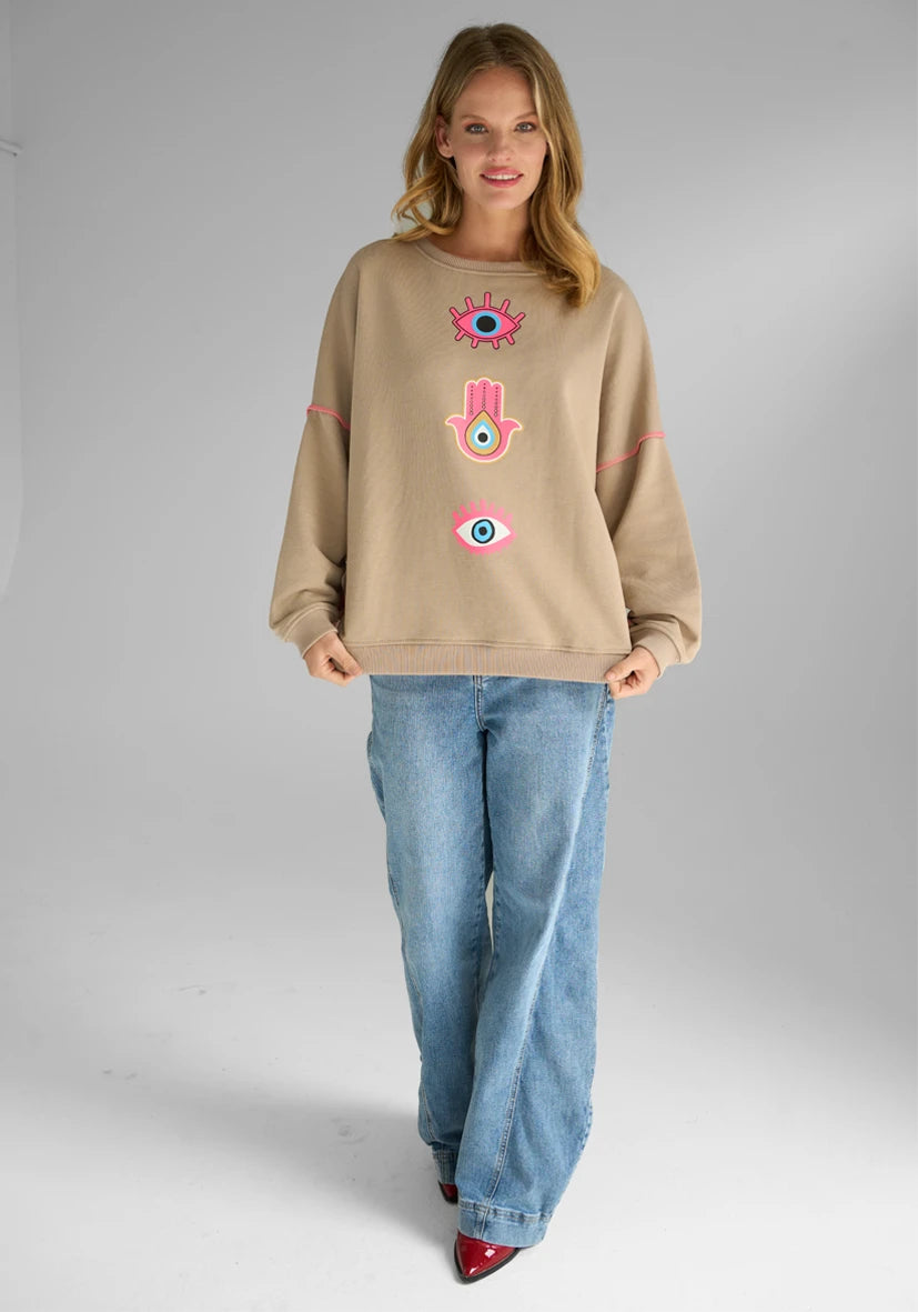 Miss Goodlife | Round Neck Namastai Sweater | Sand/Neon Pink