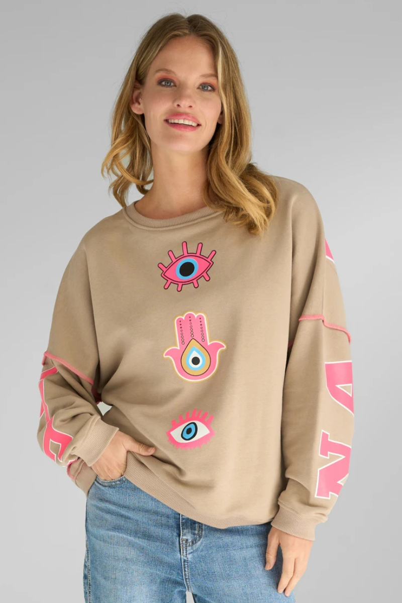 Miss Goodlife | Round Neck Namastai Sweater | Sand/Neon Pink