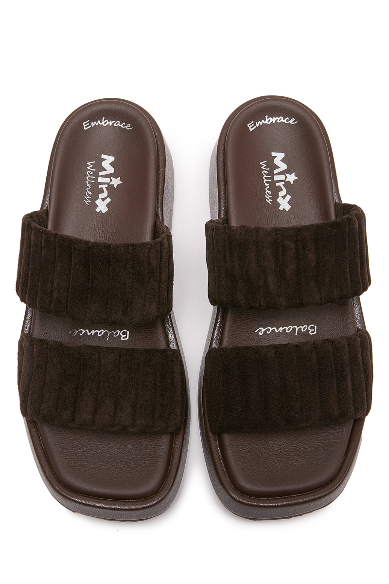 Minx | Suede Two Strap Slide | Dark Cafe