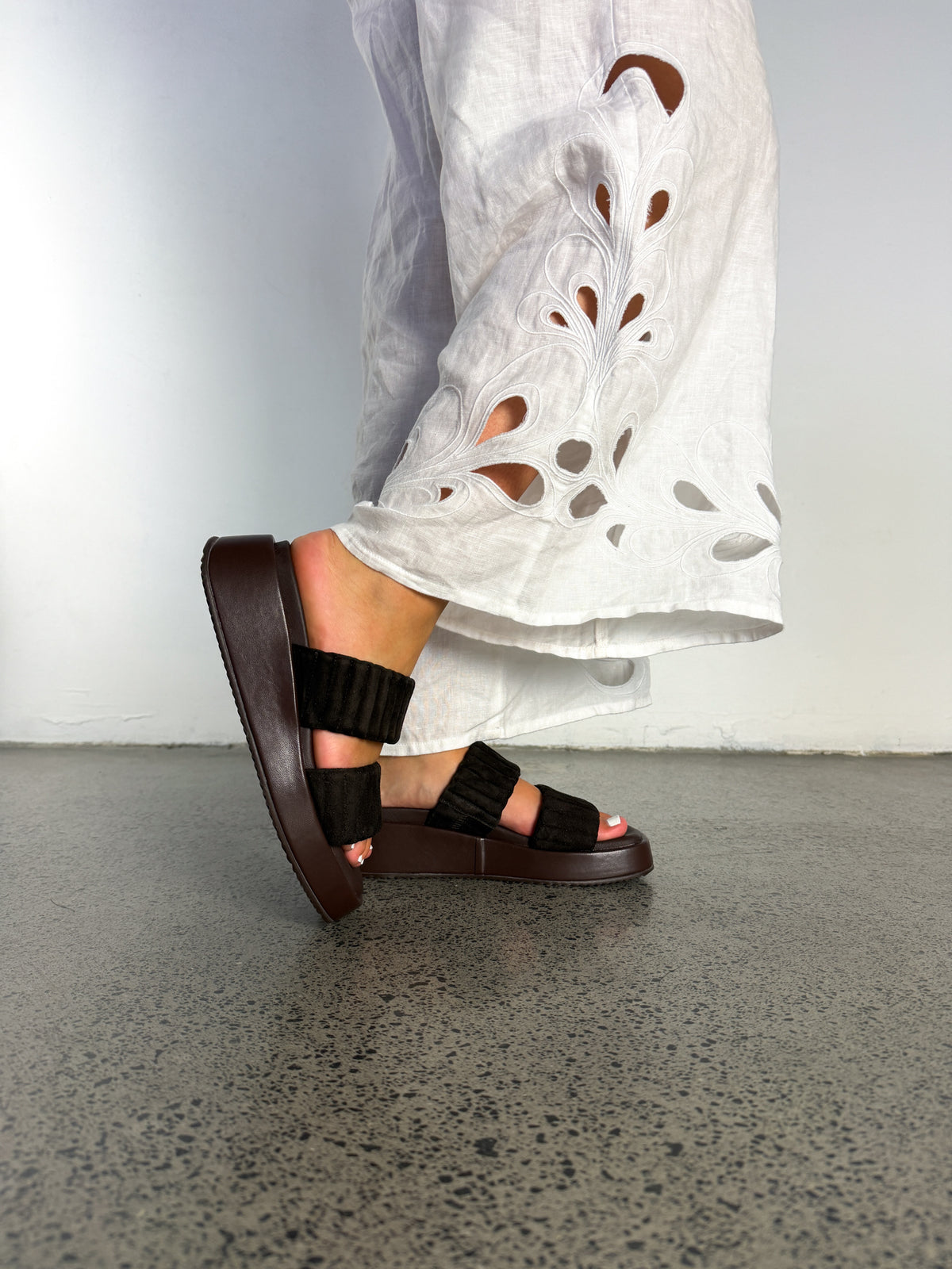 Minx | Suede Two Strap Slide | Dark Cafe