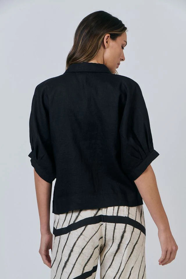 Naturals | Collared Button Through Shirt with Sleeve Detail | Black