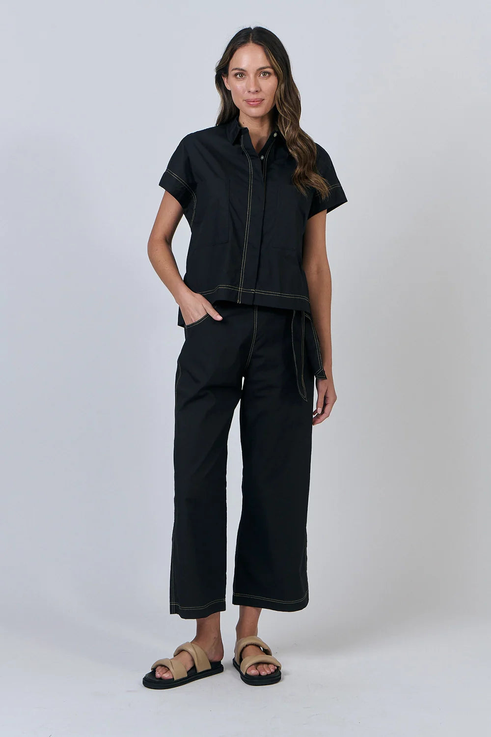 Naturals | Button Through Short Sleeve Blouse | Black with Natural Stitching