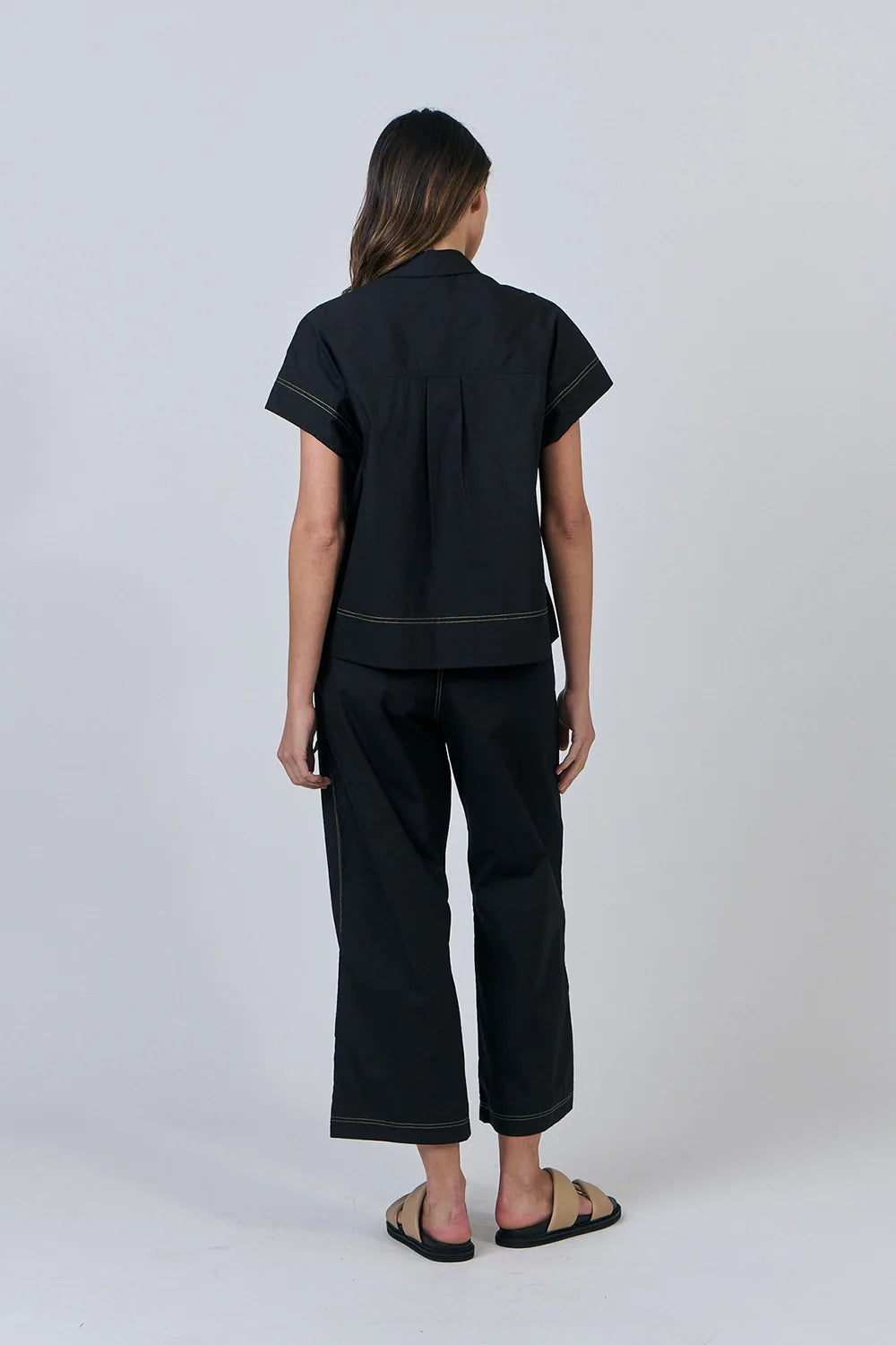 Naturals | Button Through Short Sleeve Blouse | Black with Natural Stitching