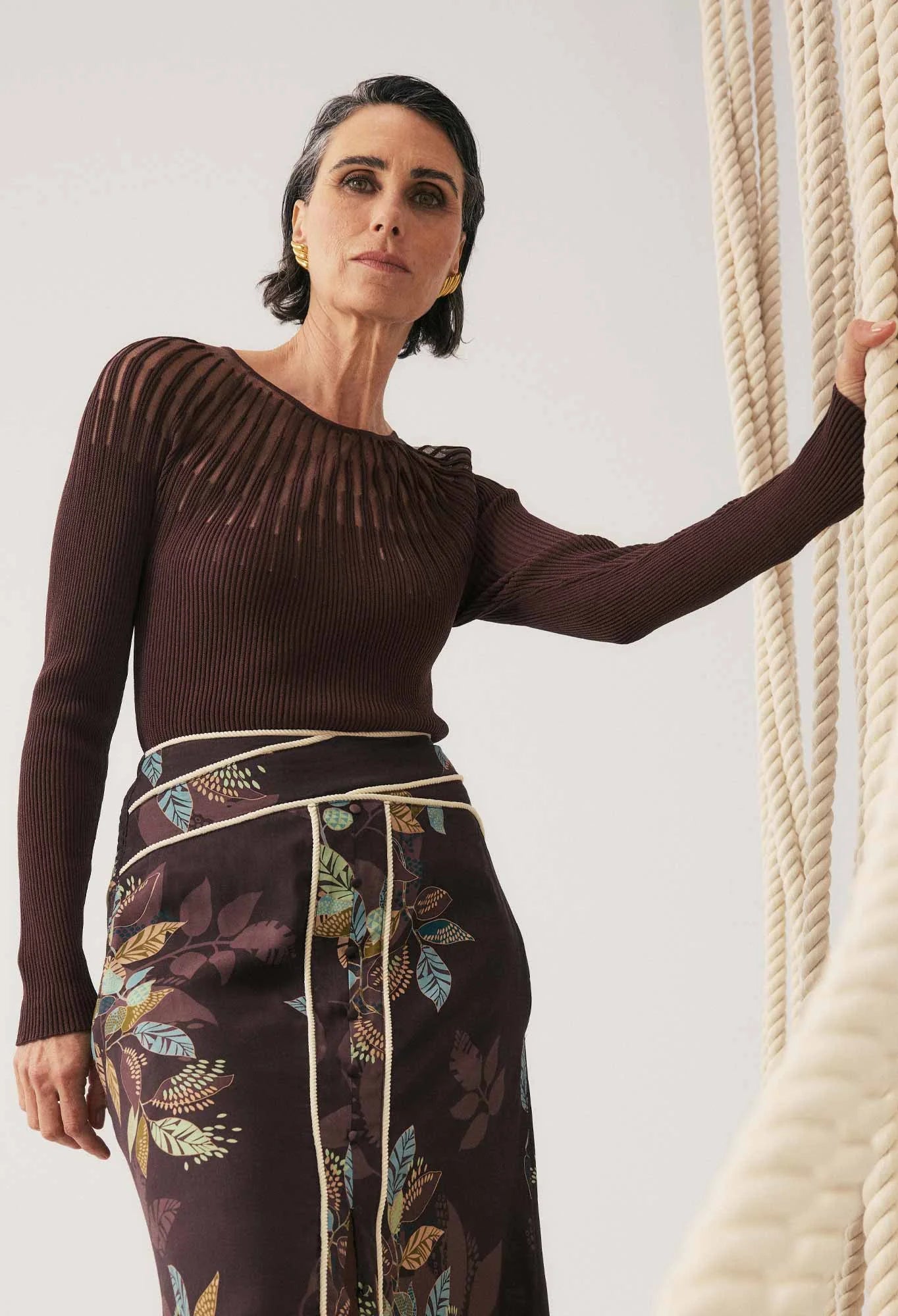 Once Was | Rhiannon Sheer Neckline Knit Top | Mocha