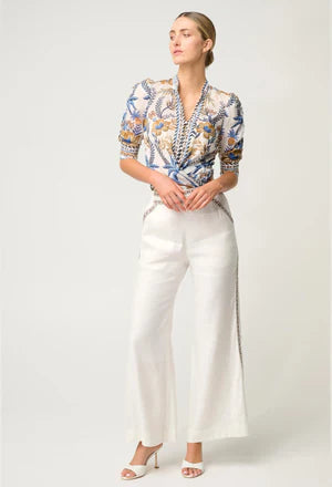 Once Was I Calantha Silk Cotton Contrast Trim Ruched Sleeve Shirt I Golden Medina