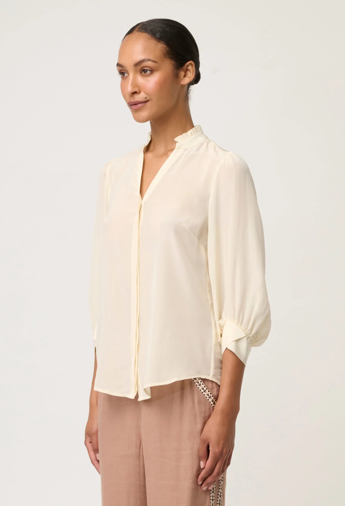 Once Was | Chloe Silk Criss Cross Cuffed Shirt | Cloud