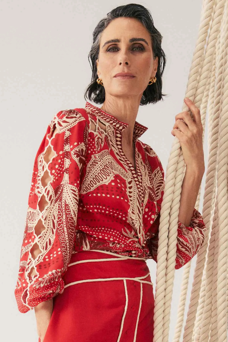 Once Was | Audrey Placement Embroidered Faille Blouse | Crimson Palms