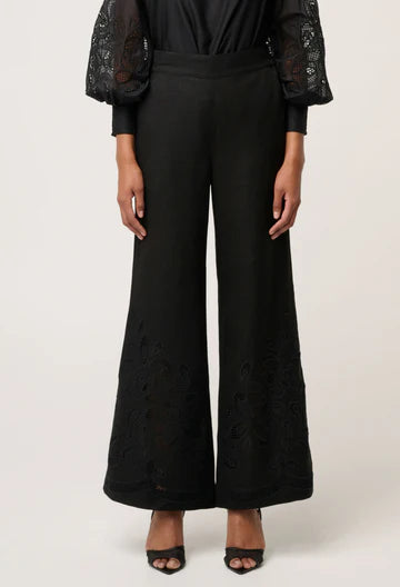 Once Was I Rhea Linen Embroidered Pant I Black