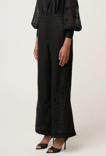 Once Was I Rhea Linen Embroidered Pant I Black