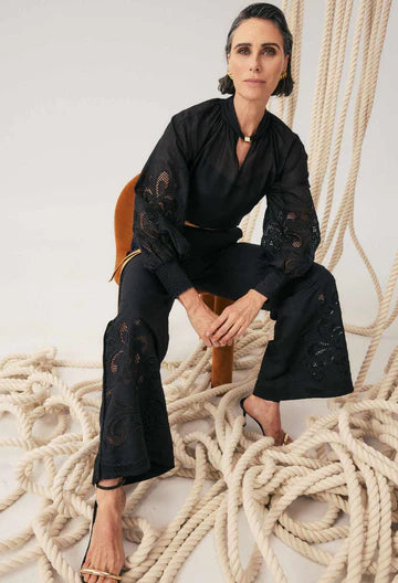 Once Was I Rhea Linen Embroidered Pant I Black