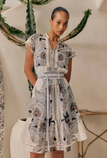 Once Was I Malika Silk Cotton Lace Trim Flutter Sleeve Dress I White