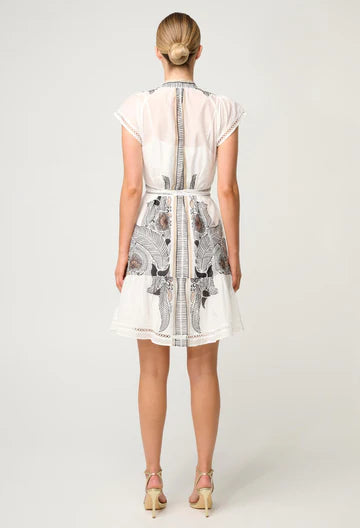 Once Was | Malika Silk Cotton Lace Trim Flutter Sleeve Dress | White