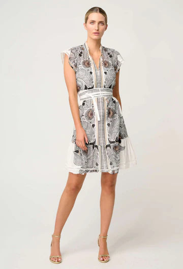 Once Was | Malika Silk Cotton Lace Trim Flutter Sleeve Dress | White