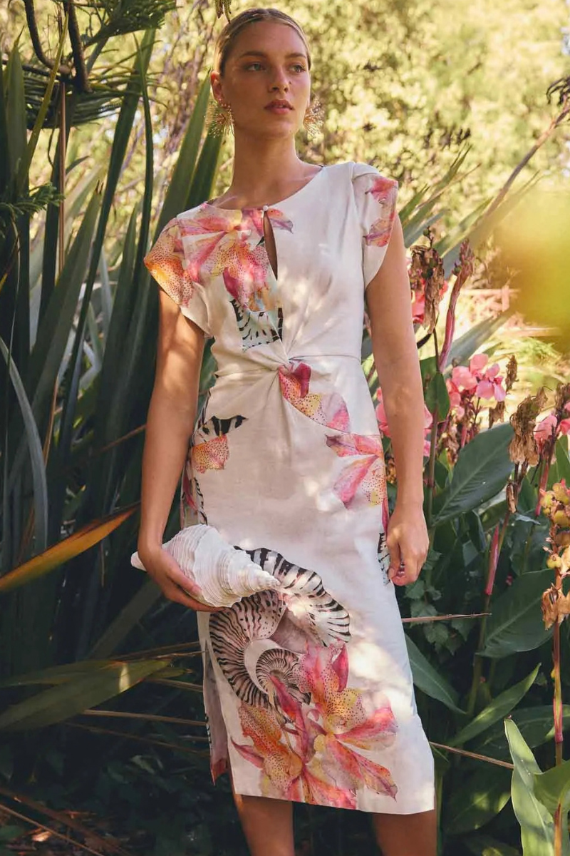 Once Was | Geneva Twist Detail Column Midi Dress | Nautilus Bloom