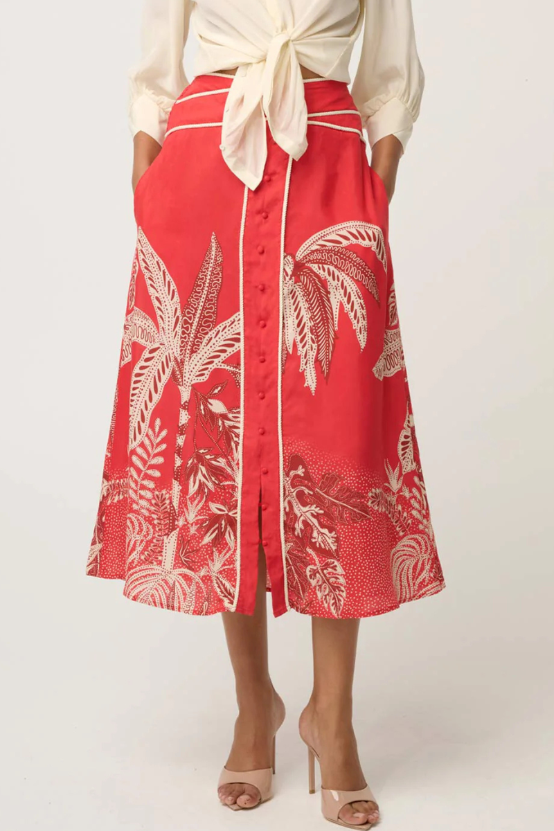 Once Was | Harper Faille Placement Print Waist Panel Skirt | Crimson Palms