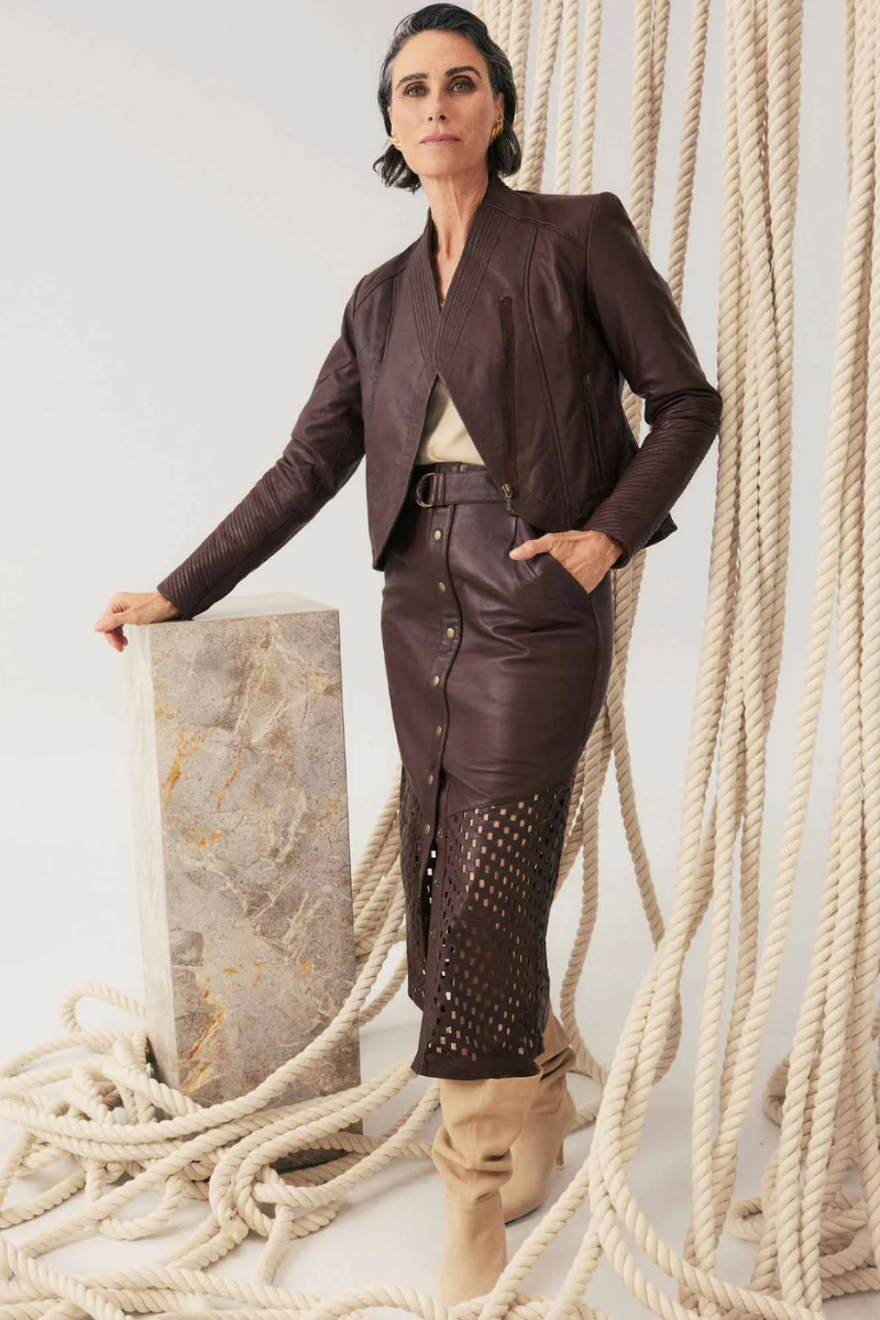 Once Was | Hypnotic Leather Laser Midi Skirt | Oxblood
