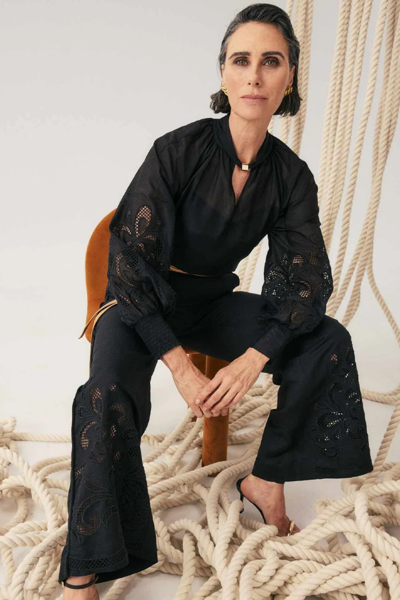 Once Was | Rhea Linen Embroidered Pant | Black