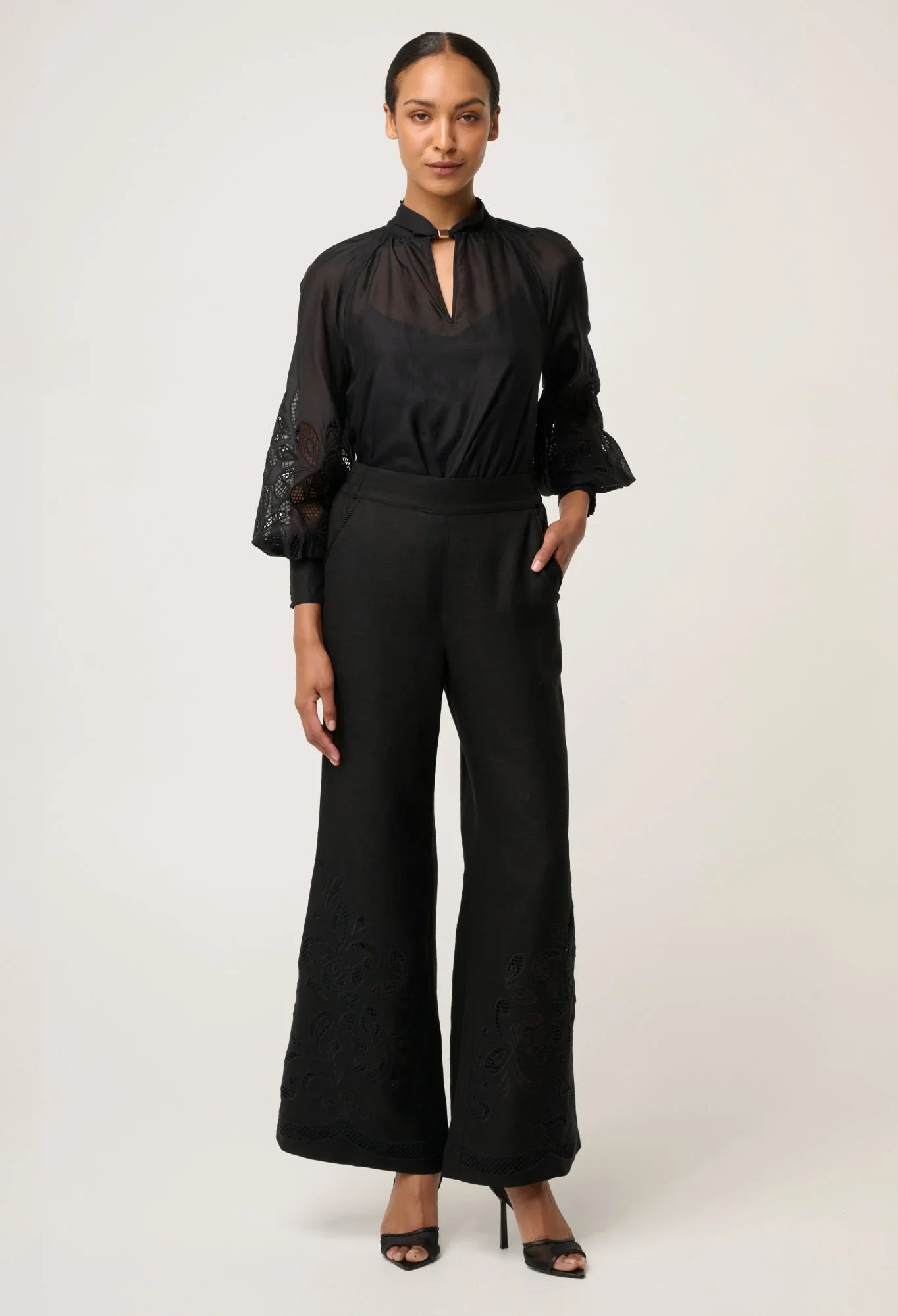 Once Was | Rhea Linen Embroidered Pant | Black