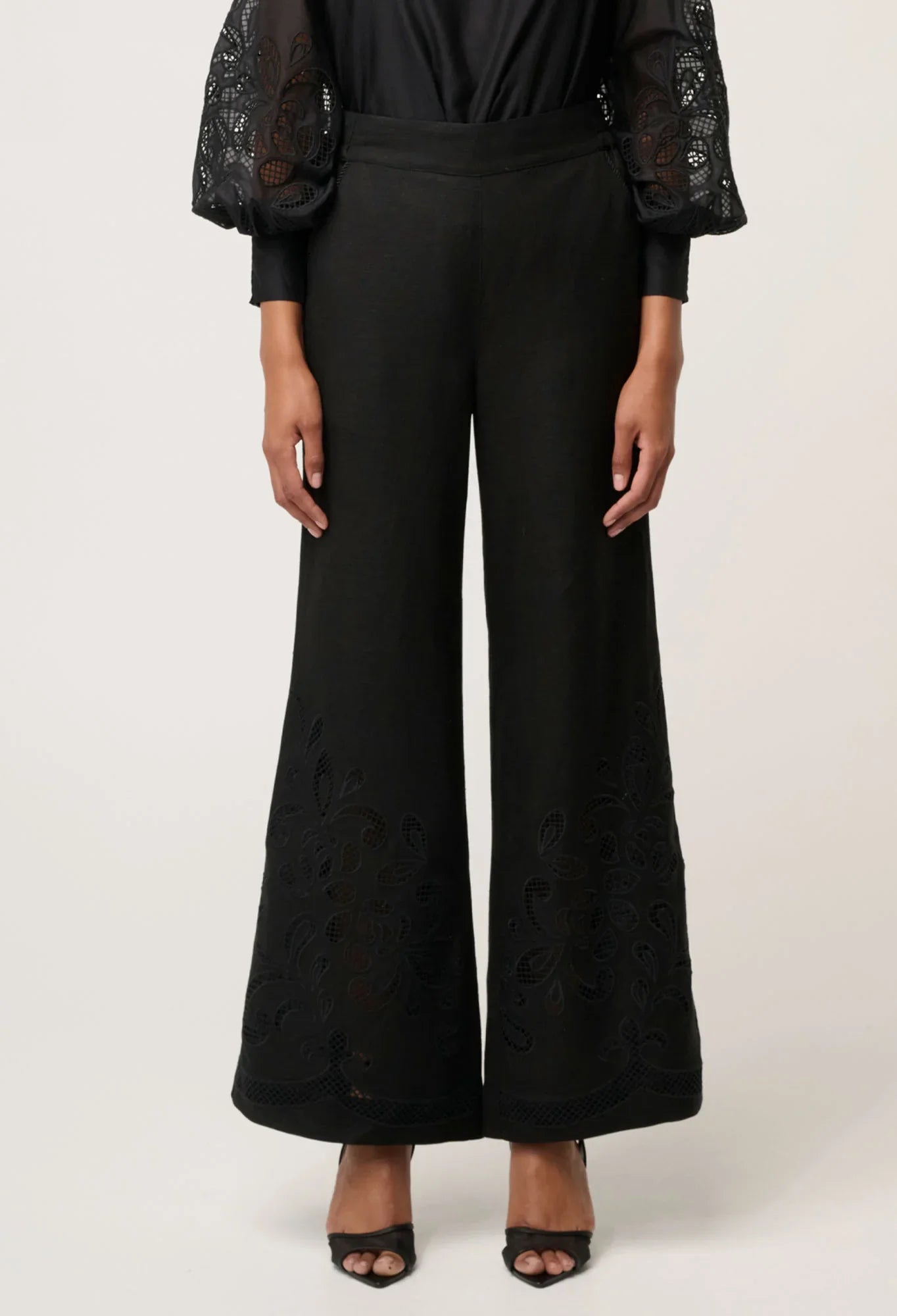 Once Was | Rhea Linen Embroidered Pant | Black