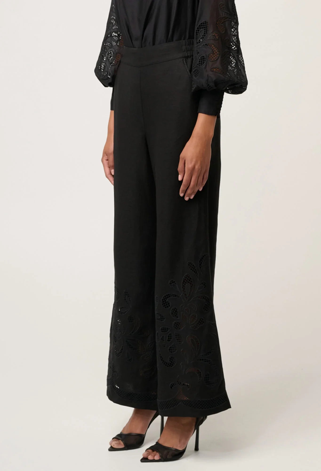 Once Was | Rhea Linen Embroidered Pant | Black