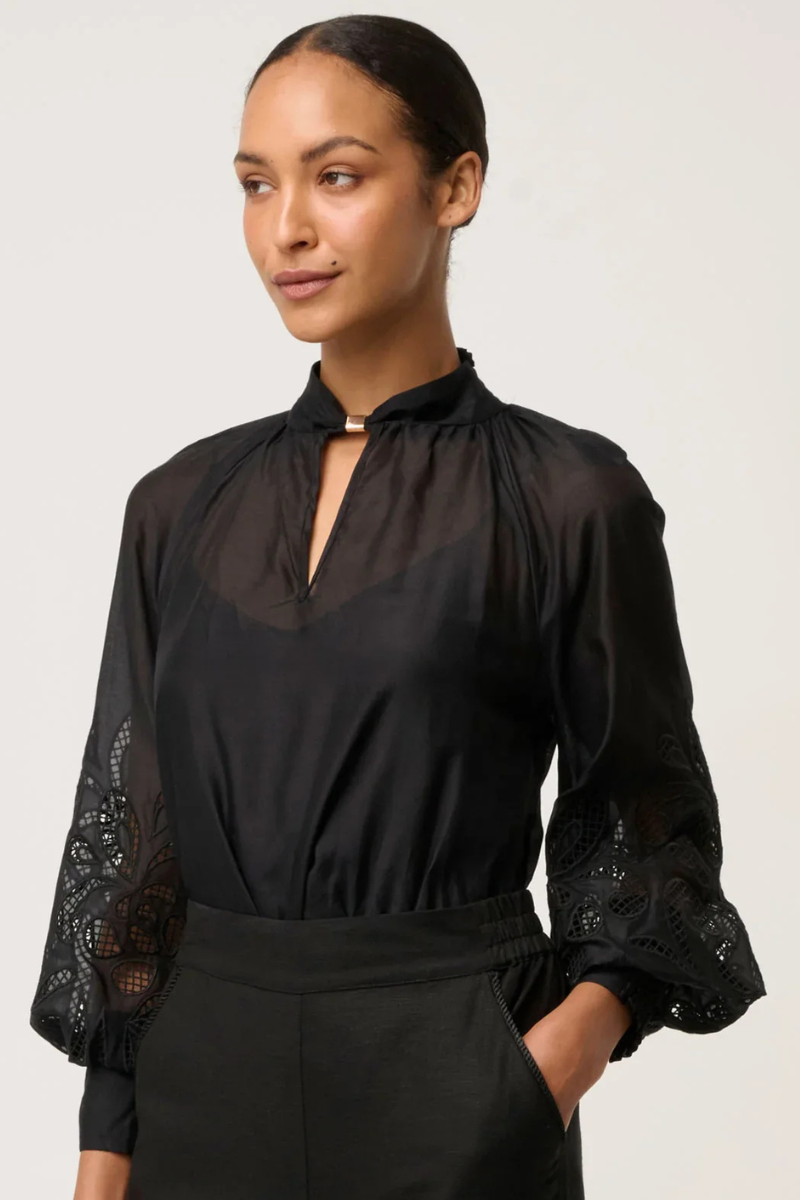 Once Was | Simona Cotton Silk Embroidered Blouse | Black