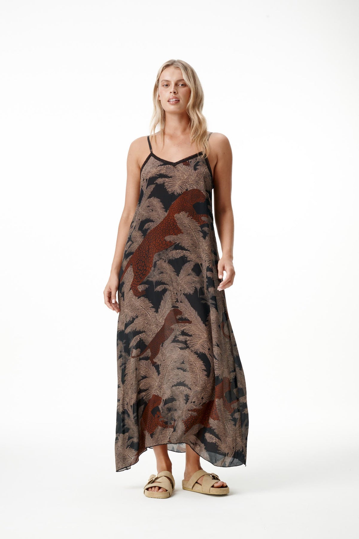 One Season | Antoinette Palm Safari Cotton Viscose Slip | Black/Camel