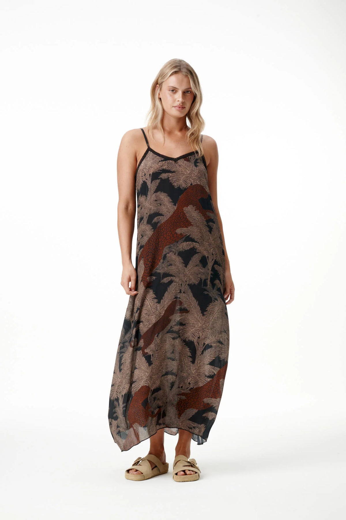 One Season | Antoinette Palm Safari Cotton Viscose Slip | Black/Camel