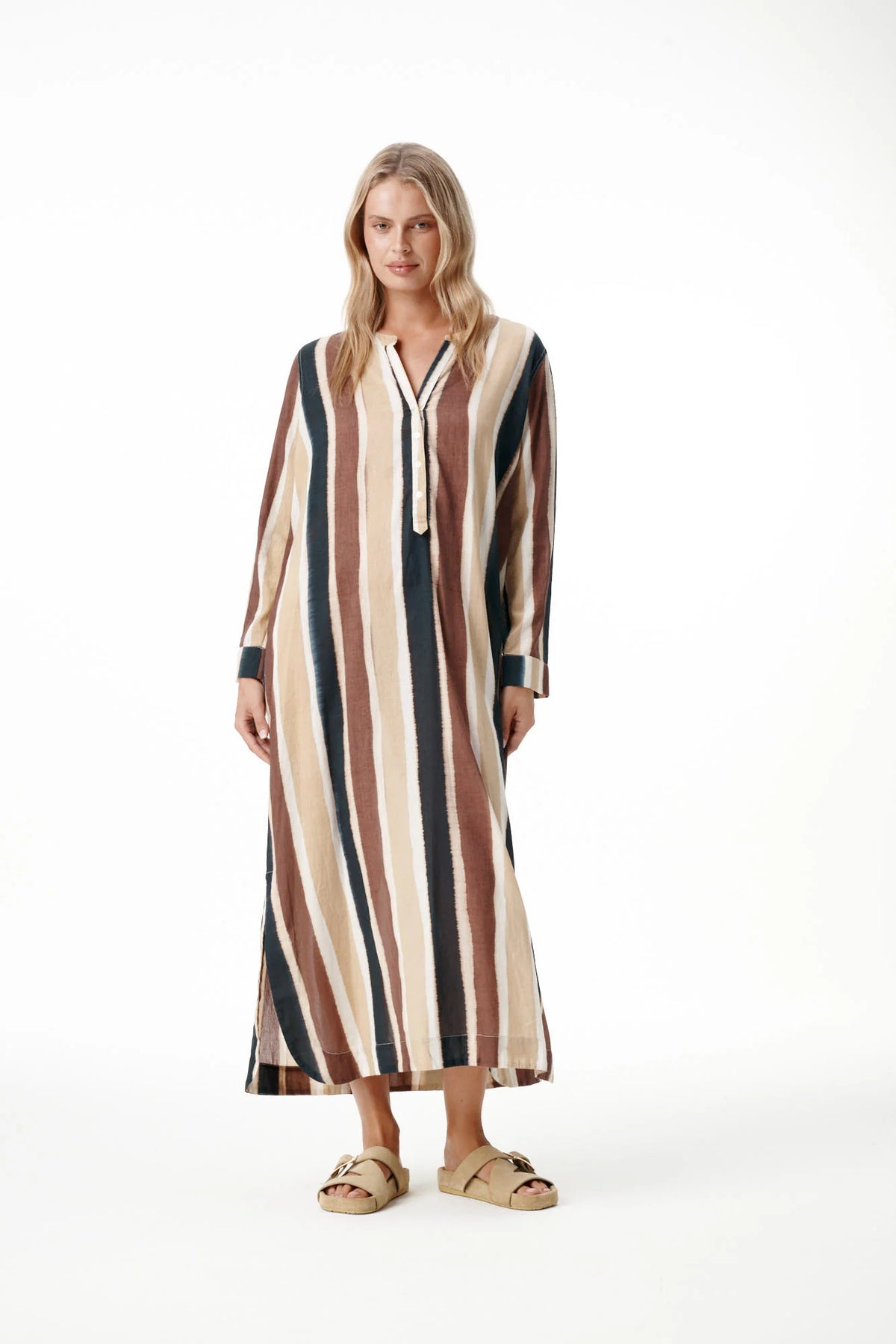 One Season | Bazaar Stripe Cotton Dress | Tan/Chocolate