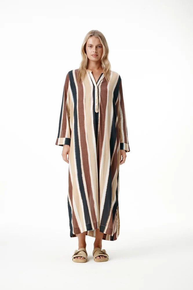 One Season | Bazaar Stripe Cotton Dress | Tan/Chocolate