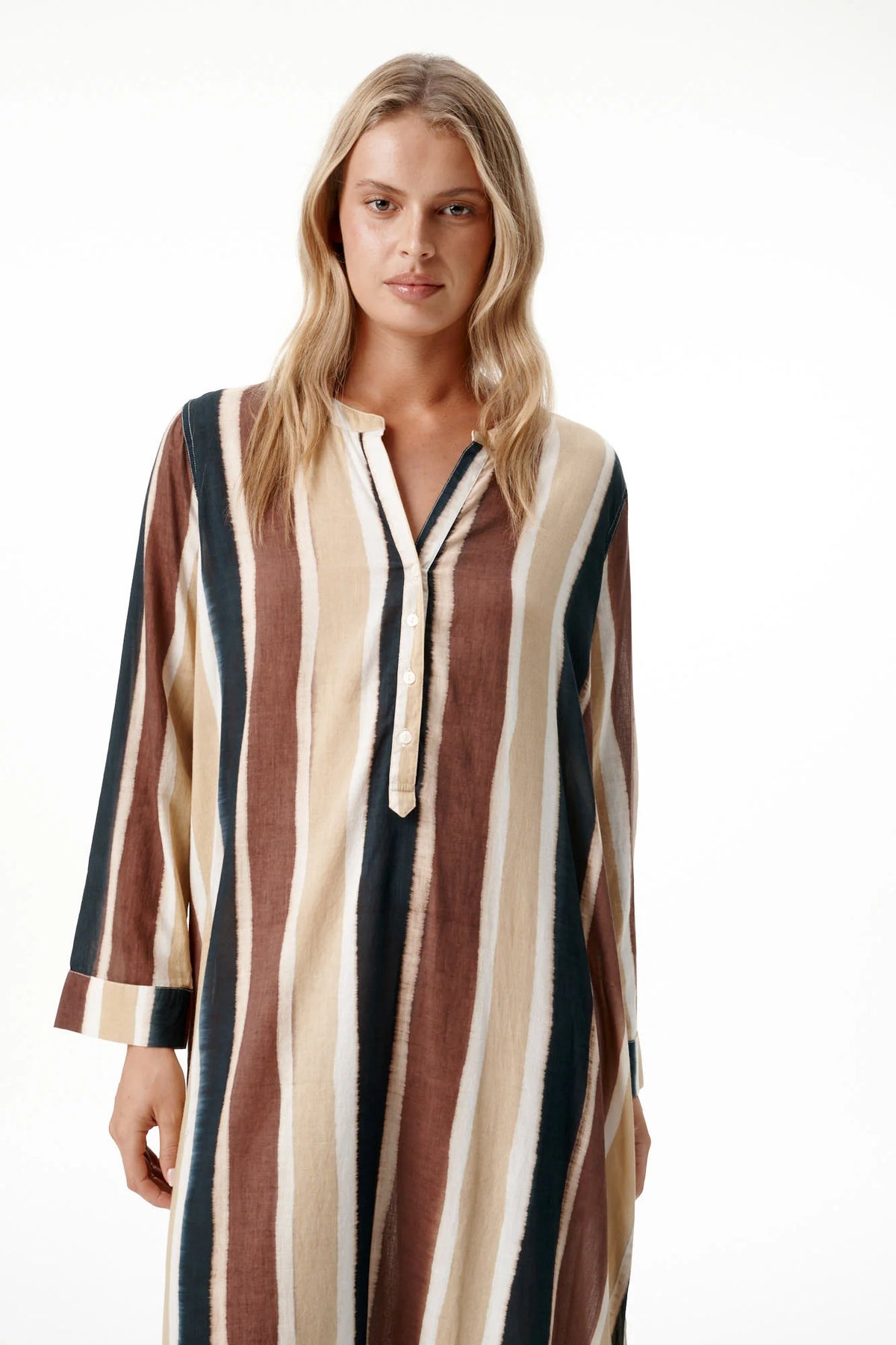 One Season | Bazaar Stripe Cotton Dress | Tan/Chocolate