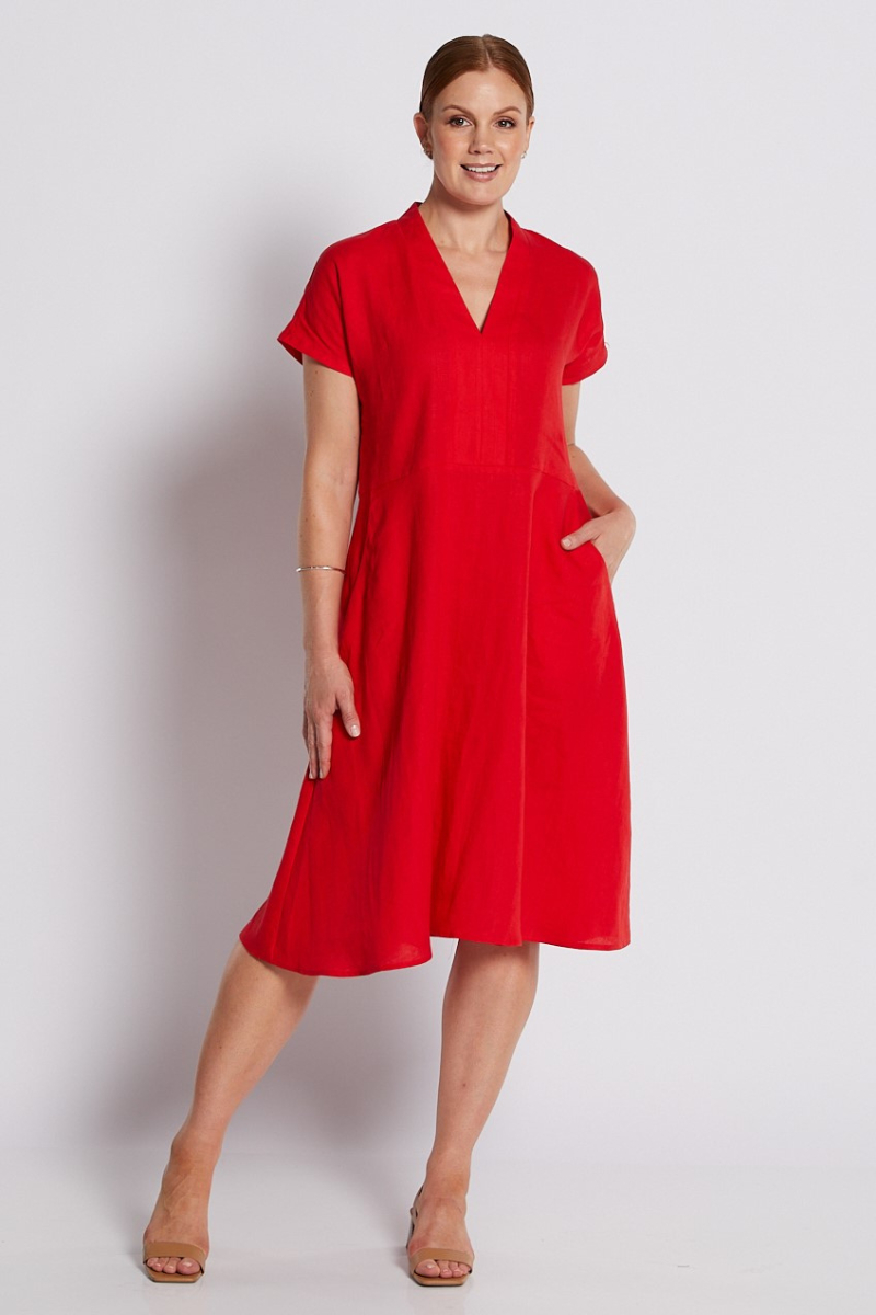 Philosophy | Blanco Short Sleeve V-Neck Dress | Red