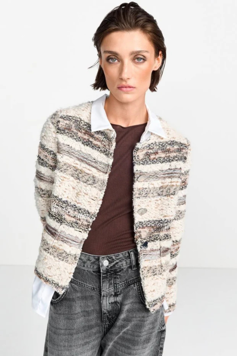 Rich & Royal | Glam Striped Boucle Jacket | Pearl White
