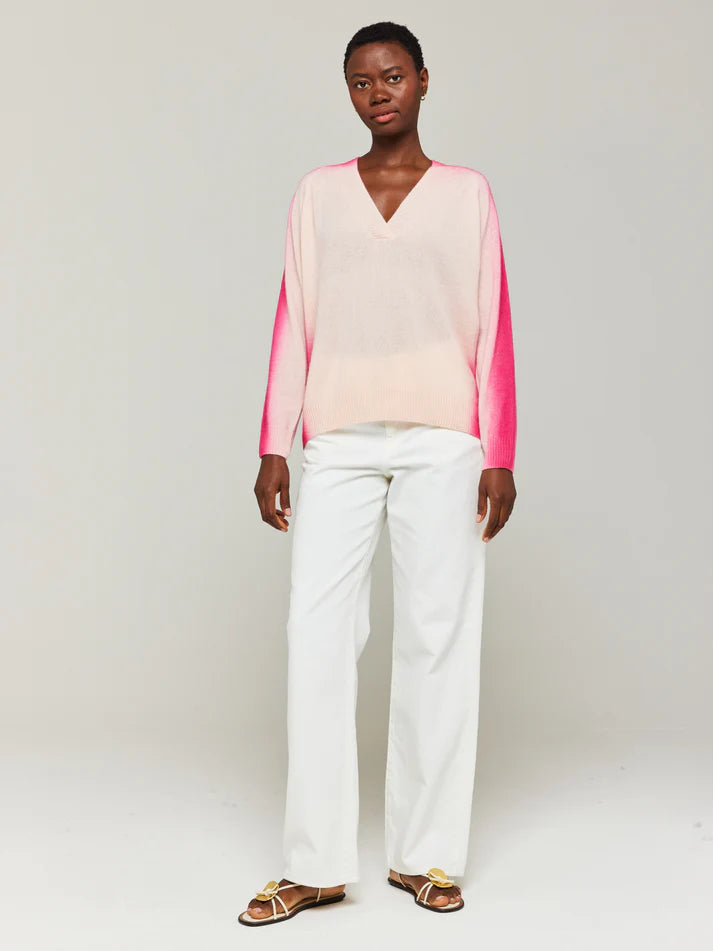 Brodie Knitwear | Spray Stripe V Neck Sweater | Cherry Blossom